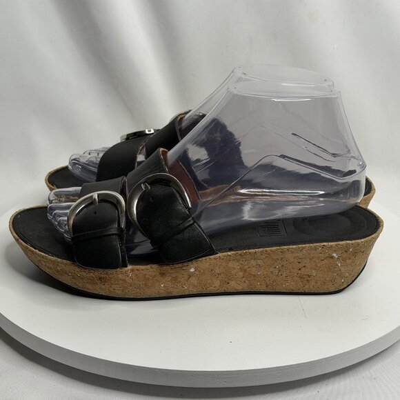 Fitflop Sandals Womens 7 Black Leather Cork Wedge Double Strap Comfort Slides - Picture 1 of 8